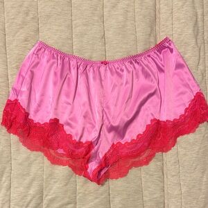 SKIMS Satin Pajama Shorts in Pink with Red Lace